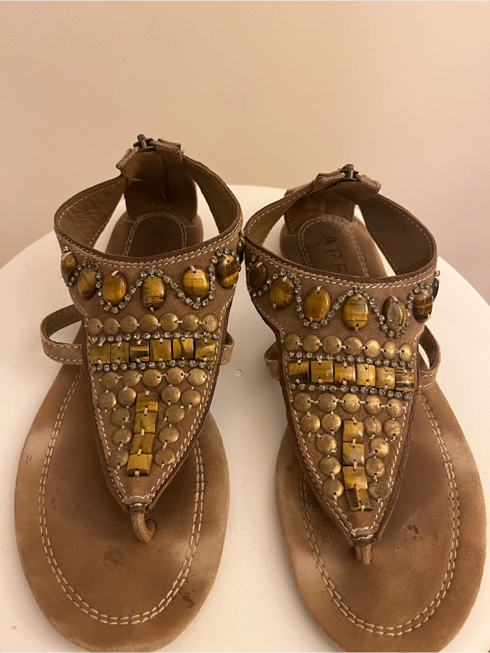 Beautiful suede-leather thong sandal with tigers eye, brass, and rhinestones